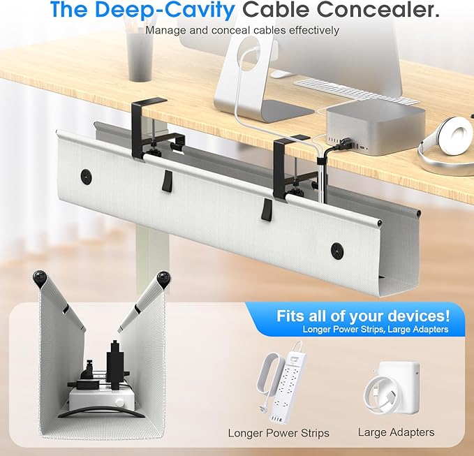 Under Desk Cable Management Tray, 40-inch No-Drill Cord Organizer with Anti-Sag Reinforced Base, Fabric Wire Management Hider for Standing Desk, Office & Gaming Accessories - Grey