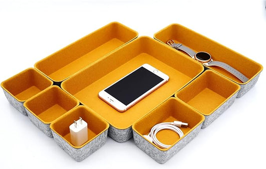 Welaxy Felt Desk Drawer Organizer Trays, 8-Piece Storage Bins for Office Supplies, Entryway Catchall, Makeup & Decluttering (Curry)