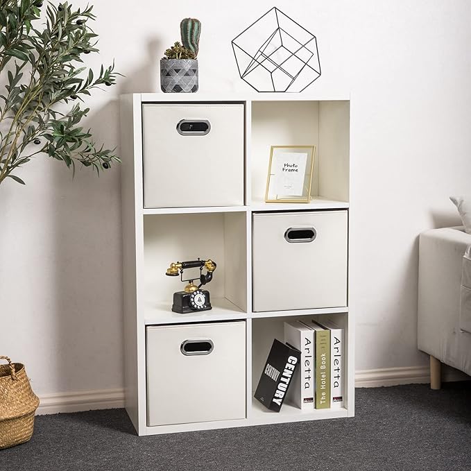 PRANDOM Leather Foldable Cube Storage Bins 13x13 inch [2-Pack] Fabric Storage Baskets Cubes Drawer with Cotton Handles Organizer for Shelves Nursery Closet Bedroom Clothes White