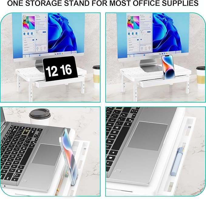 WALI Computer Monitor Stand with Storage, Desk Monitor Riser 3 Height Adjustable, Laptop Riser with Airflow Vents, Desk Organizer for Computer, Laptop, Printer (PTT002-W), 1 Pack, White