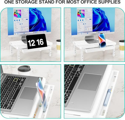 WALI Computer Monitor Stand with Storage, Desk Monitor Riser 3 Height Adjustable, Laptop Riser with Airflow Vents, Desk Organizer for Computer, Laptop, Printer (PTT002-W), 1 Pack, White