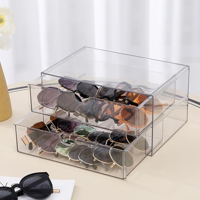 Clear Desk Organizers and Accessories, Plastic Drawer Organizer for Home Office Supplies, Marker Pen, Notebooks, Art Crafts, Stackable Makeup Storage Box for Bathroom Vanity (4 Drawers)