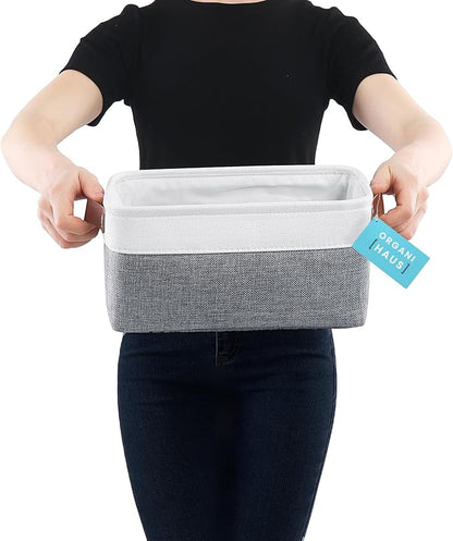 OrganiHaus Small Fabric Storage Baskets for Shelves 3 Pack, 12x08in Closet Storage Bins for Shelves, Canvas Baskets for Organizing, Linen Closet Organizers, Cloth Basket, Gray/Off-White