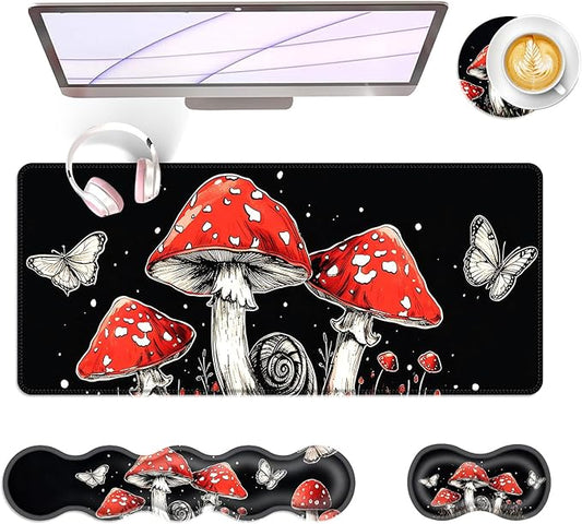 Large Keyboard Mouse Pad Set, Extended Mouse Pad+Keyboard Wrist Rest Support, Memory Foam Ergonomic Easy Typing, 4Pcs (31.5×11.8 in) Desk Pad Set for Office Home,Mushrooms and Butterflies