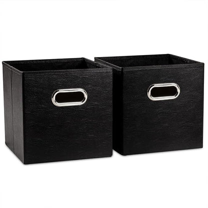 PRANDOM Leather Foldable Cube Storage Bins 11x11 inch [2-Pack] Fabric Storage Baskets Cubes Drawer with Cotton Handles Organizer for Shelves Nursery Closet Bedroom Clothes Black