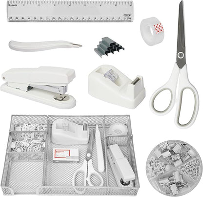 Office Desk Accessories, Desk Organizers and Accessories, Stapler and Tape Dispenser Set Metal Storage Box,Stapler,Staple Remover,Paper Clips,Ruler,Scissors.Suitable for Office and Study Use,White
