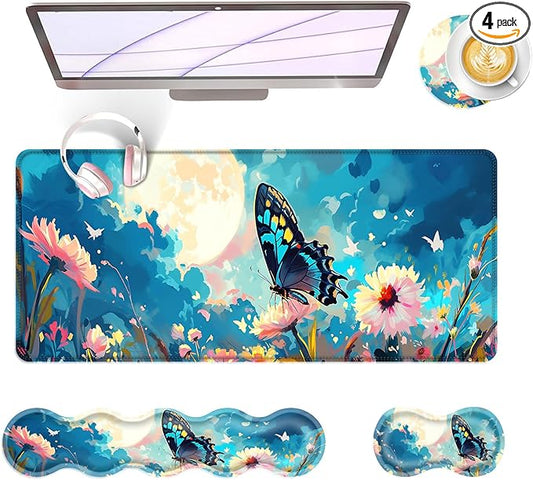 Large Keyboard Mouse Pad Set, Extended Mouse Pad+Keyboard Wrist Rest Support, Memory Foam Ergonomic Easy Typing, 4Pcs (31.5×11.8 in) Desk Pad Set for Office Home,Flowers and Butterflies