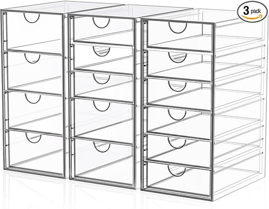 Acrylic 3 Pack Desk Organizers and Accessories, Makeup Organizer Storage With 15 Drawers, Desk Organizers, Dustproof Drawer Organizer and Storage for Make Up, Jewelry, DIY Pen