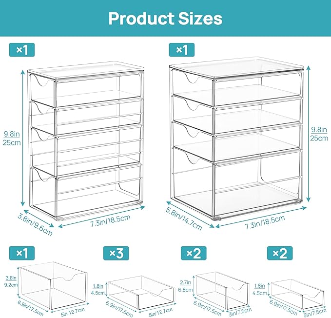Vtopmart Acrylic Organizer with 8 Drawers, Desk Organizers and Accessories, Clear Makeup Organization, Dustproof Storage Drawers for Office Art Craft Supplies
