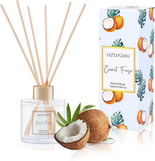 100ml Scent Diffuser with 6 Fiber Sticks, 3.5 oz Reed Diffuser Set Aromatherapy Fragrance Diffusers Air Fresheners for Home Bedroom Bathroom (Coconut)