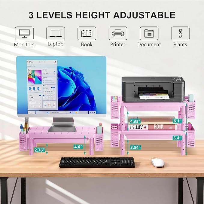 WALI Computer Monitor Stand with Storage, Desk Organizer with Drawer and Pen Holder, Desk Monitor Riser 3 Height Adjustable, Laptop Riser for Computer, Laptop, Printer (PTT003-P), 1 Pack, Pink