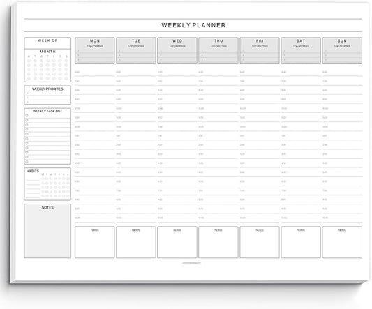 Weekly Hourly Planner Notepad, Daily Planner Desk Pad, Weekly Schedule, To Do List Note Pad, ADHD Planner | 50 Undated Tear Away Sheets | A4 (Mono)