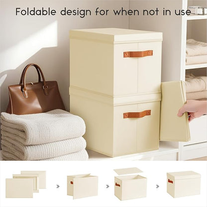 Storage Bins with Lids - Fabric Storage Baskets for Shelves, 6 Pack Foldable Decorative Boxes with Handles, Stackable Organizer Bins for Home, Nursery, Dorm, Beige