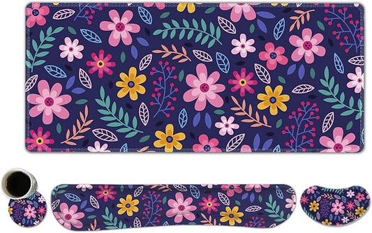 ToLuLu Extended Gaming Mouse Pad, Memory Foam Ergonomic Keyboard Mouse Wrist Rest Support Set, Large Desk Mat with Stitched Edges, Non-Slip Base Mousepad for Home Office Game Study, Purple Flowers