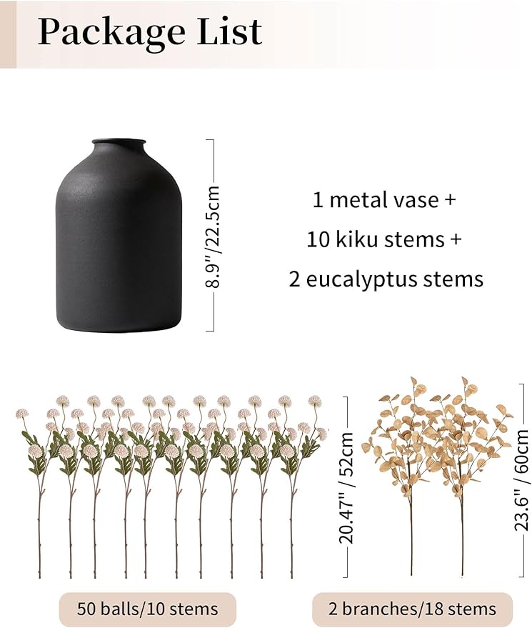 BLOSMON Dining Table Centerpiece Decor: Metal Vase with 12 Stems of Fake Mums Kiku Flower Eucalyptuses for Living Room - Beige Artificial Pom Poms Faux Floral Arrangements in Vase for Home