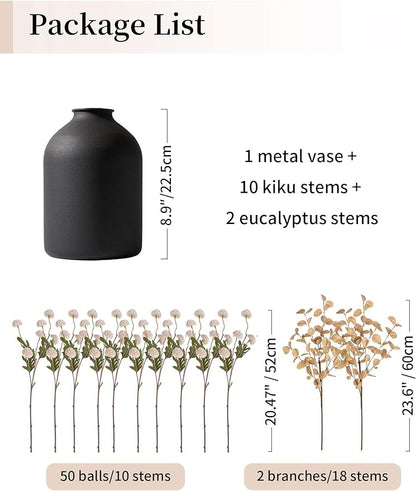 BLOSMON Dining Table Centerpiece Decor: Metal Vase with 12 Stems of Fake Mums Kiku Flower Eucalyptuses for Living Room - Beige Artificial Pom Poms Faux Floral Arrangements in Vase for Home