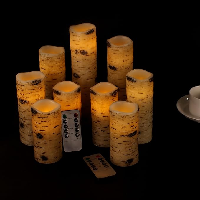 antizer Flameless Candles Birch Bark Effect Battery Operated Candles 4" 5" 6" 7" 8" 9" Set of 9 Real Wax Pillar LED Candles Each Candle 2.2" Diameter with 10-Key Remote Control 2/4/6/8 Hours Timer