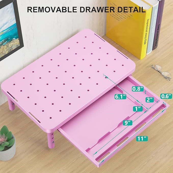 WALI Computer Monitor Stand with Storage, Desk Monitor Riser 3 Height Adjustable, Laptop Riser with Airflow Vents, Desk Organizer for Computer, Laptop, Printer (PTT002-P), 1 Pack, Pink