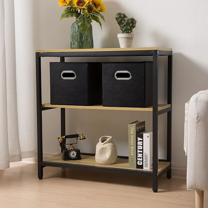 PRANDOM Leather Foldable Cube Storage Bins 11x11 inch [2-Pack] Fabric Storage Baskets Cubes Drawer with Cotton Handles Organizer for Shelves Nursery Closet Bedroom Clothes Black