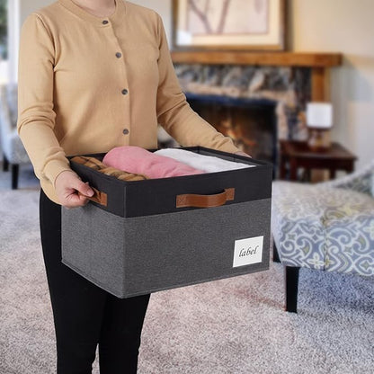 Extra Large Storage Bins with Lids, Foldable Fabric Storage Baskets with Lids, Sturdy Storage Boxes with Labels and 3 PU Handles for Closet Home Bedroom Office (32L, 3 Packs, Grey&Black)