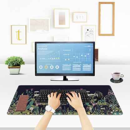 ToLuLu Extended Gaming Mouse Pad, Memory Foam Ergonomic Keyboard Mouse Wrist Rest Support Set, Large Desk Mat with Stitched Edges, Non-Slip Base Mousepad for Home Office Game, Weeds Plants