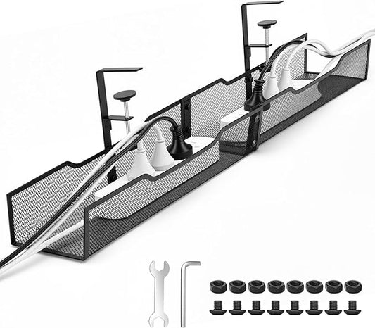 No Drill Under Desk Cable Management Tray, Extended-Length Metal Mesh Wire Organizer with Heavy Duty Clamp Mount for Home Office Standing Desk - Damage Free Cord Organization Solution