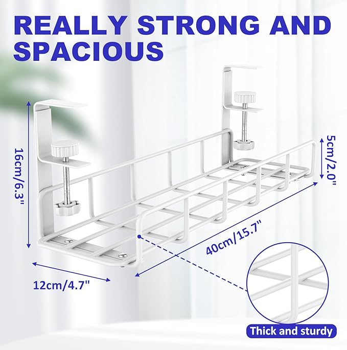 Under Desk Cable Management Tray, 31.5'' No Drill Steel Cable Tray Organizers, Wire Management Tray Cable Rack with Clamp Mount, Metal Under Desk Tray with Wire and Cord Organizer (White, 2 Pack)