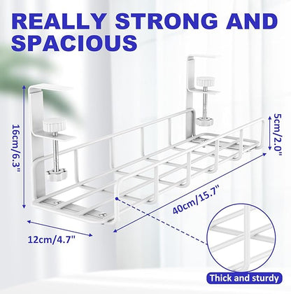 Under Desk Cable Management Tray, 31.5'' No Drill Steel Cable Tray Organizers, Wire Management Tray Cable Rack with Clamp Mount, Metal Under Desk Tray with Wire and Cord Organizer (White, 2 Pack)