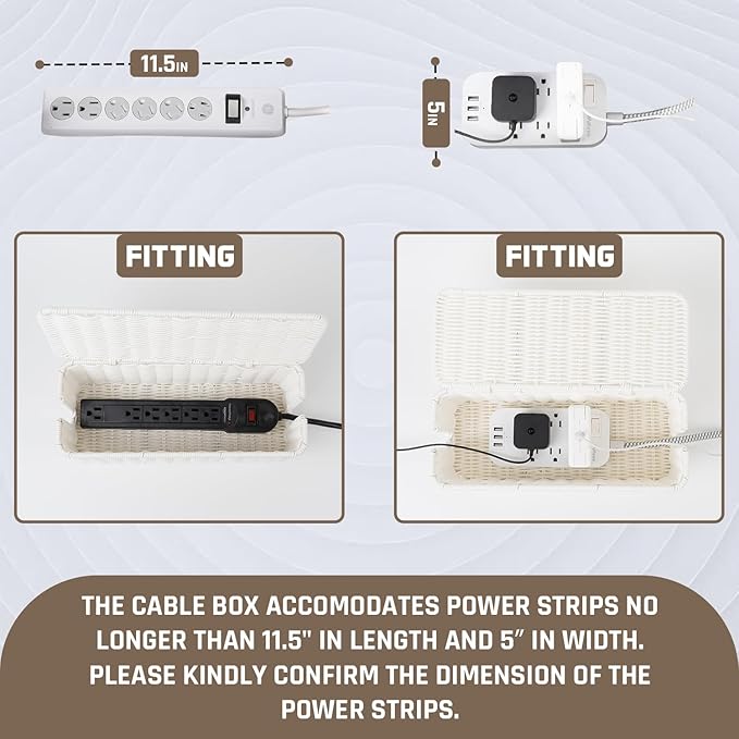 Cable Management Box, Handmade Rattan Cable Organizer with 2 Open Slots, Cord Hider for Power Strip, Router & USB Hub, Registered U.S. Design Patent (D1,112,102), 13" x 5.1" x 5.1", White