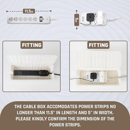 Cable Management Box, Handmade Rattan Cable Organizer with 2 Open Slots, Cord Hider for Power Strip, Router & USB Hub, Registered U.S. Design Patent (D1,112,102), 13" x 5.1" x 5.1", White