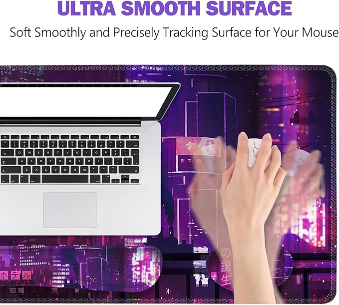 ToLuLu Extended Gaming Mouse Pad, Memory Foam Ergonomic Keyboard Mouse Wrist Rest Support Set, Large Desk Mat with Stitched Edges, Non-Slip Base Mousepad for Home Office, Neno City Anime Japanese