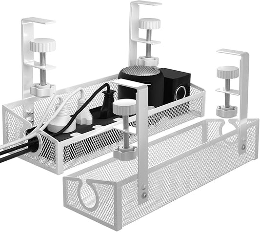 Under Desk Cable Management Tray White, No Drill Desk Cable Management Organizer with Clamp for Desk Wire Management, PC Cord Organizer Accessories & Workspace Organizers for Office, Home(2 Pack)