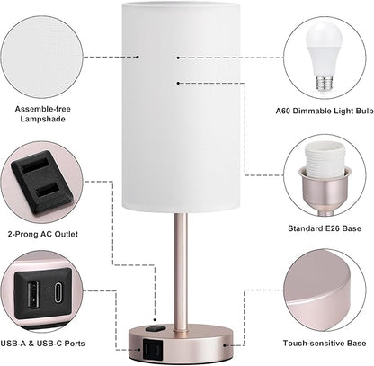 Fenmzee Antique White Bedside Table Lamp for Bedroom - 3 Way Dimmable Touch Lamp USB C Charging Ports and AC Outlet, Small Lamp Gold Base Round Flaxen Fabric Shade for Living Room, Desk