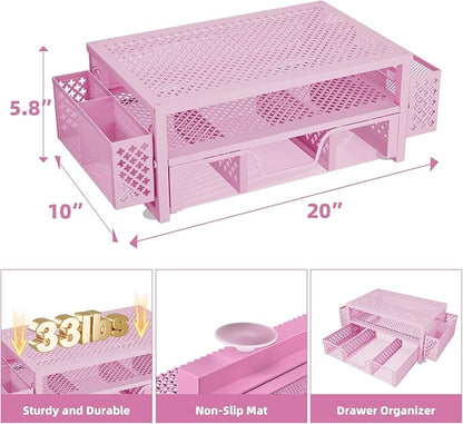 Simple Trending 2 Tier Metal Monitor Stand Monitor riser and Computer Desk Organizer with Drawer and Pen Holder for Laptop, Computer, iMac, Pink
