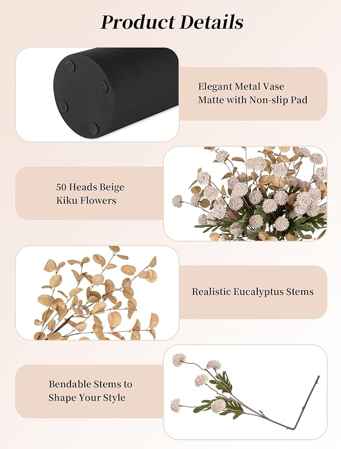 BLOSMON Dining Table Centerpiece Decor: Metal Vase with 12 Stems of Fake Mums Kiku Flower Eucalyptuses for Living Room - Beige Artificial Pom Poms Faux Floral Arrangements in Vase for Home