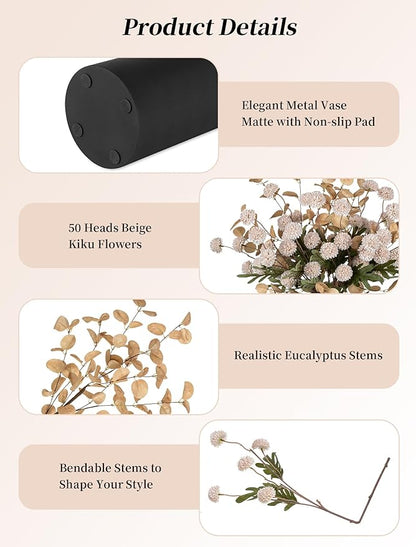 BLOSMON Dining Table Centerpiece Decor: Metal Vase with 12 Stems of Fake Mums Kiku Flower Eucalyptuses for Living Room - Beige Artificial Pom Poms Faux Floral Arrangements in Vase for Home