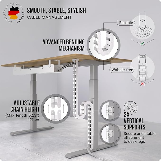 Under Desk Cable Management Vertebrae - Perfect for Sit Stand Desk - White, 133 cm