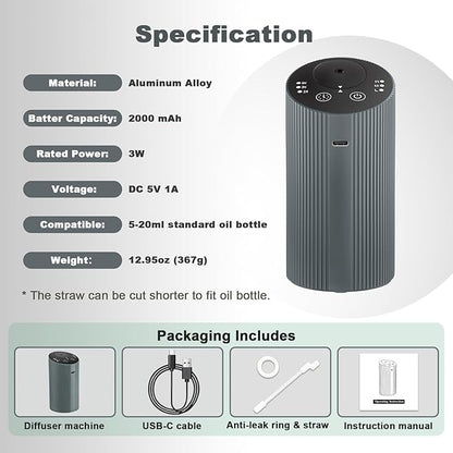 Waterless Essential Oil Diffuser for Home Car Office, Scent Diffuser with 4 Timer (1/3/6H & Off) & 3 Mist(L/M/H), Rechargeable Aromatherapy Diffuser, Portable Mini Air Aroma Diffuser, Silver Grey