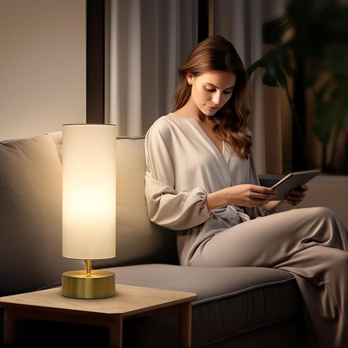 3-Way Dimmable Table Lamp, Touch Control Nightstand Lamp with White Lampshade, Gold Modern Bedside Touch Lamp Simple Side Table Lamp Night Light for Bedroom Living Room Kitchen, LED Bulb Included