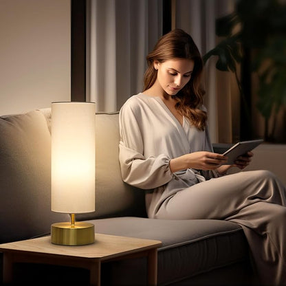 3-Way Dimmable Table Lamp, Touch Control Nightstand Lamp with White Lampshade, Gold Modern Bedside Touch Lamp Simple Side Table Lamp Night Light for Bedroom Living Room Kitchen, LED Bulb Included
