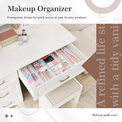 Criusia Clear Drawer Organizer 7 PCS - 5 Size Plastic Versatile Kitchen and Bathroom Organizer Trays, Non-Slip Storage Bins for Makeup, Utensils, Tool and Office Desk