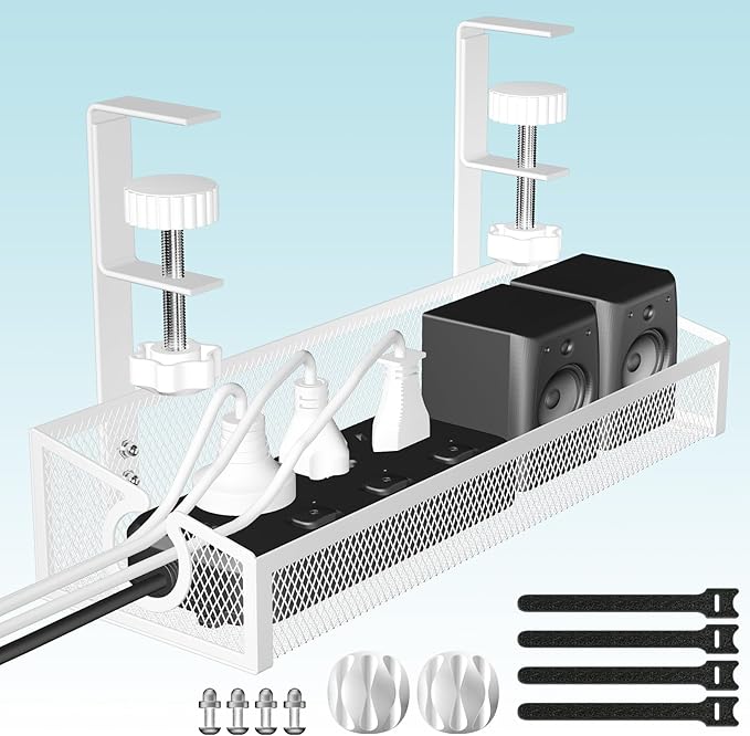 Under Desk Cable Management Tray White, No Drill Desk Cable Management Organizer with Clamp for Desk Wire Management, PC Cord Organizer Accessories & Workspace Organizers for Office, Home