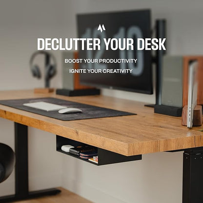 Under Desk Storage Shelf - Carbon Steel Under Desk Tray with Cable Management, Mountable Add-On Shelf for Table & Office Desks (7.5" x 8" x 2.8")