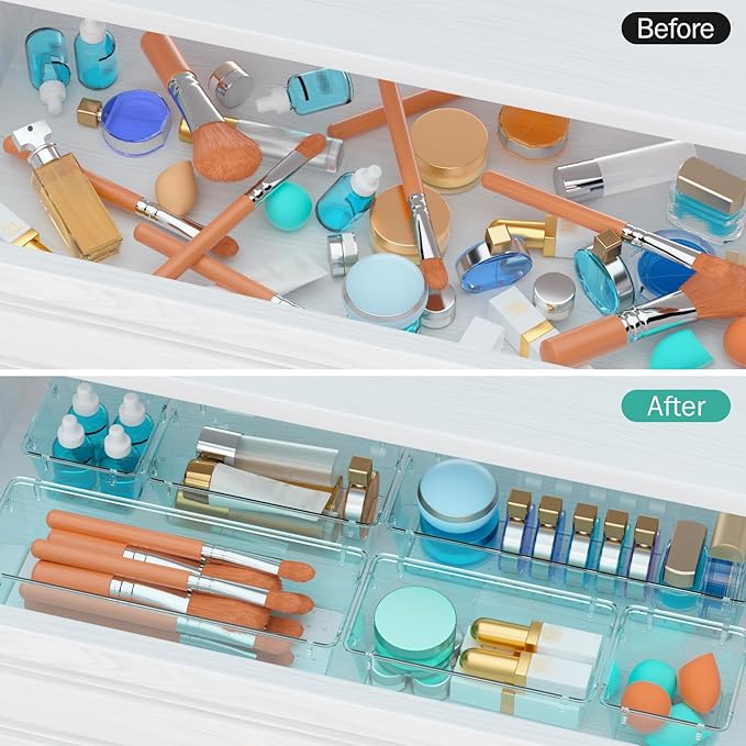 WOWBOX 6 Pack Clear Drawer Organizer Set, Acrylic Drawer Storage Trays, Storage Bins for Makeup, Cosmetics, Jewelries, Utensils, Gadgets, Office, Sea Blue