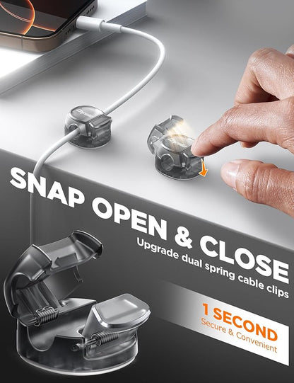 Cable Clips - Chfeila Latest Dual Spring Cord Organizer with Clasp Lock, 6Pack [Max Stability] Desk Cable Management, Adhesive Phone Charging Wire Holder for Nightstand/Car/Wall, Office Accessory