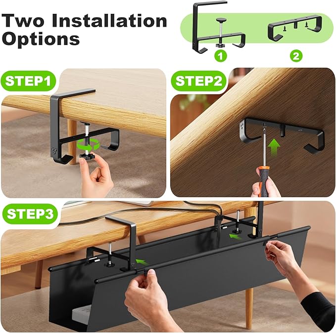 Dayacoo No Drill Under Desk Cable Management Tray, 36" Clamp/Screw Mount Cord Organizer for Desk, Fabric Cable Management Tray for Storage and Hide Cords, Cable Organizer for Office Home, Black