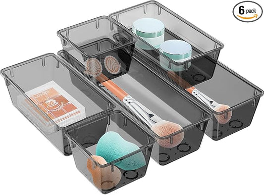 WOWBOX 6 Pack Clear Drawer Organizer Set, Acrylic Drawer Storage Trays, Storage Bins for Makeup, Cosmetics, Jewelries, Utensils, Gadgets, Office, Black