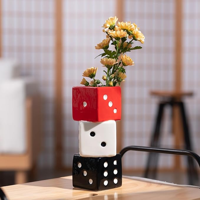Funky Dice Vase - Unique Ceramic Home Decor for Bars| Stylish Black, White & Red Geometric Design | Perfect for Fresh, Dried, or Artificial Flower Arrangements | Ideal Gift for Art Lovers