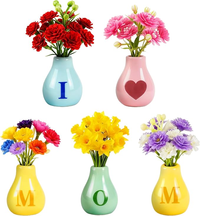 5 Pcs Mini Fridge Magnets, Cute Mini Ceramic Vase with Artificial Flowers, Tiny Pots Plant Vase for Kitchen Refrigerator Office Locker Decor, for Mom