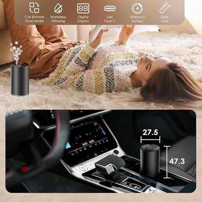 Waterless Essential Oil Diffuser, Portable Aromatherapy Diffuser, Mini Scent Machine, Battery Operated, 1/4/8-Hour Timer, 20ml Capacity, 3 Mist Levels for Home, Car, Room Office,No included oil(Black)